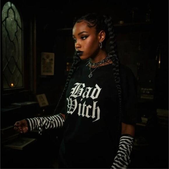 Bad Witch Graphic Tee W/ Gothic Print & Striped Arm Warmers – Trickz N Treatz - Picture 5 of 7